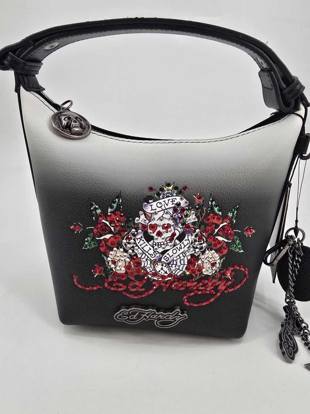 Ed Hardy Black and White Ombre Rhinestone Floral Skull Bucket Bag NWT